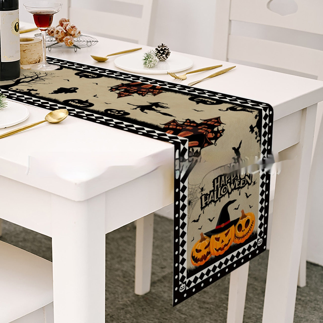 Cross-border Halloween Table Runner Cotton Linen Tablecloth Striped Printed Insulated Pumpkin Castle Decoration, Pumpkin lanterns, Jack o Lanterns, Halloween Lights, Halloween Decoration Ornaments, Halloween inflatables, carved pumpkins, Halloween wreaths, Halloween Candles, and animatronics Halloween.