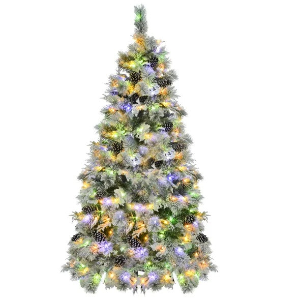 6FT Pre-Lit Spruce Snow Flocked Christmas Tree With Pine Cones, Artificial Xmas Tree With 403 Branch Tips,Mixed PE  PVC Branches, 250 Multi-Color LED Lights, 11 Flashing Modes, Holiday Decor, Christmas tree, Artificial Christmas tree, Real Christmas tree, Miniature Christmas tree, Tabletop Christmas tree, Pre-lit Christmas tree, Flocked Christmas tree, White Christmas tree, Black Christmas tree, Ceramic Christmas tree, Christmas tree topper, Christmas tree skirt, Christmas tree stand, Christmas tree storage