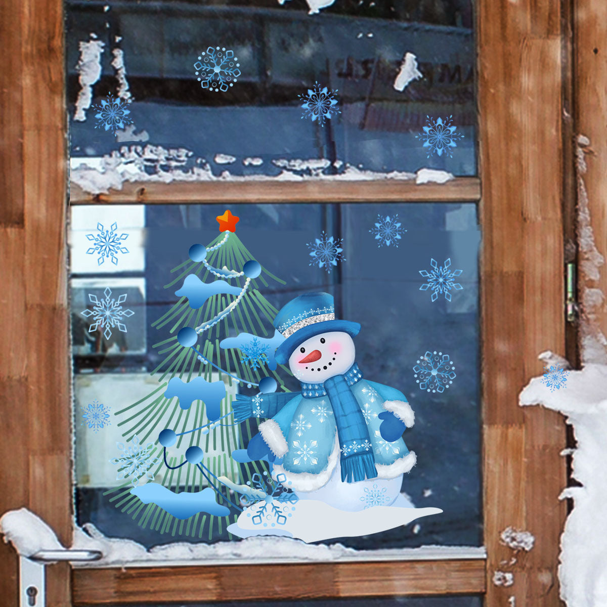 Christmas Double-sided Visible Blue Snowman Christmas Tree Wall Sticker