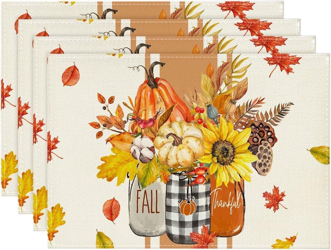 Autumn Pumpkin Maple Leaf Printing Polyester Tableware Mat, Pumpkin lanterns, Jack o Lanterns, Halloween Lights, Halloween Decoration Ornaments, Halloween inflatables, carved pumpkins, Halloween wreaths, Halloween Candles.