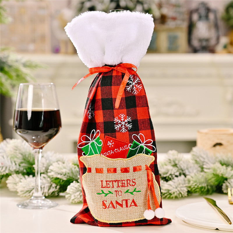 Christmas Decoration Christmas Red Wine Bottle Bag Christmas Red And Black Lattice Embroidery