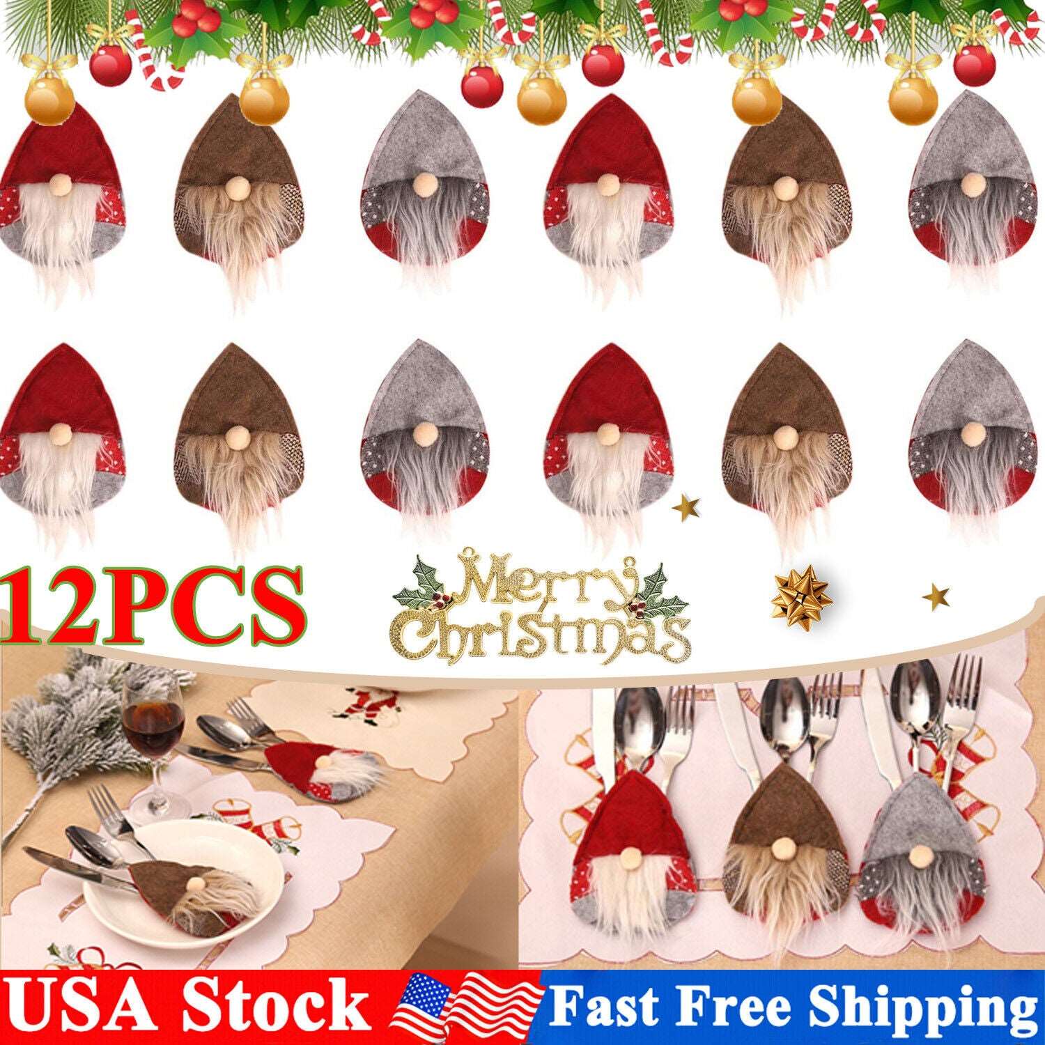 12X Christmas Knife Fork Holder Cover Gnome Plush Hats Dinner Silverware Holders, Christmas Gnomes, Christmas Decoration Gnomes, Xmas Gnomes, Santa Gnomes, DIY gnomes, Gnome Christmas Tree, Nordic gnomes, Tomato Cage Gnomes, Plush Gnomes
