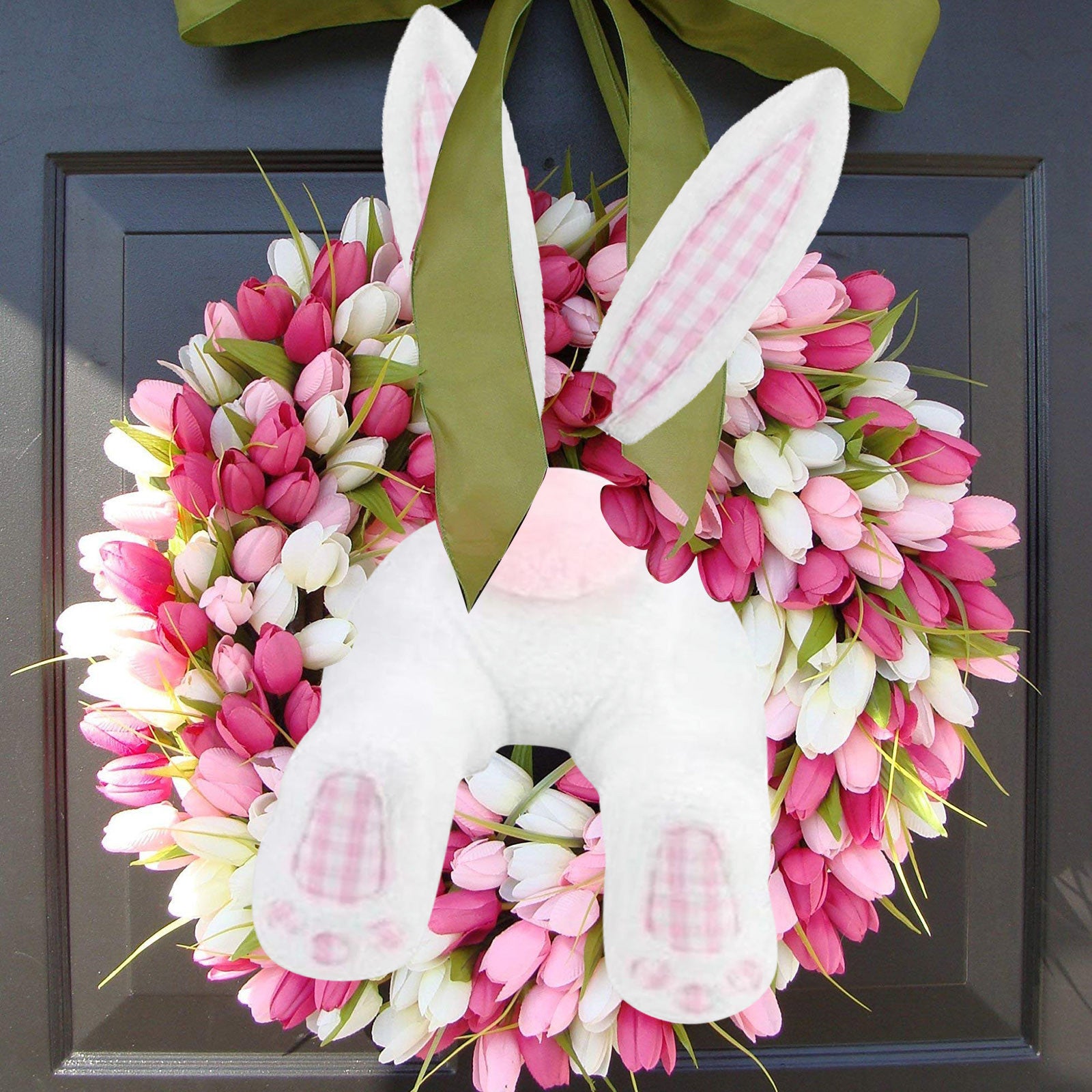 Home Christmas Bunny Wreath Easter Decoration, pink rabbit ears, pink rabbit ears + rabbit body, blue rabbit, pink plaid rabbit, black and white plaid rabbit, easter decorations, Easter Decor, easter table decor, outdoor easter decorations, shop easter, Decognomes, Spring Decorations