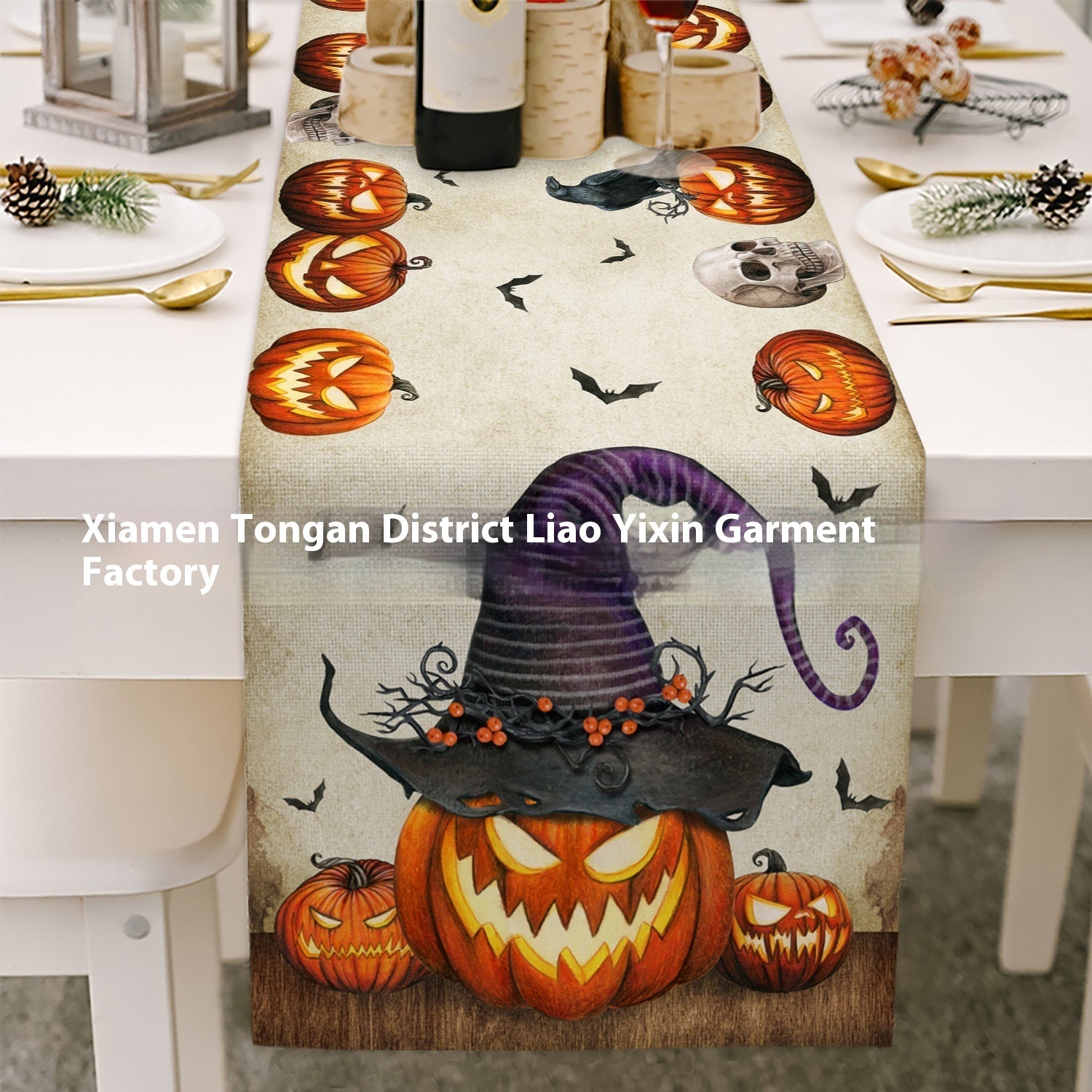 Cross-border Halloween Table Runner Cotton Linen Tablecloth Striped Printed Insulated Pumpkin Castle Decoration, Pumpkin lanterns, Jack o Lanterns, Halloween Lights, Halloween Decoration Ornaments, Halloween inflatables, carved pumpkins, Halloween wreaths, Halloween Candles, and animatronics Halloween.