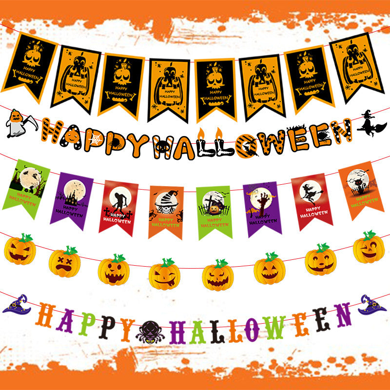 Decoration Halloween Arrangement Party Bar KTV Pull Ghost Festival Bunting Flags, Pumpkin lanterns, Jack o Lanterns, Halloween Lights, Halloween Decoration Ornaments, Halloween inflatables, carved pumpkins, Halloween wreaths, Halloween Candles.