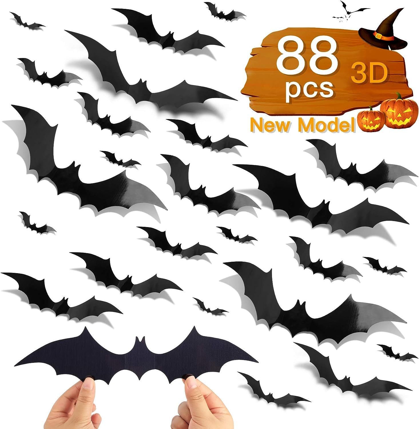 3D Bat Wall Decoration 88 Pieces DIY Bat Halloween Decoration Stickers, Pumpkin lanterns, Jack o Lanterns, Halloween Lights, Halloween Decoration Ornaments, Halloween inflatables, carved pumpkins, Halloween wreaths, Halloween Candles, and animatronics Halloween.
