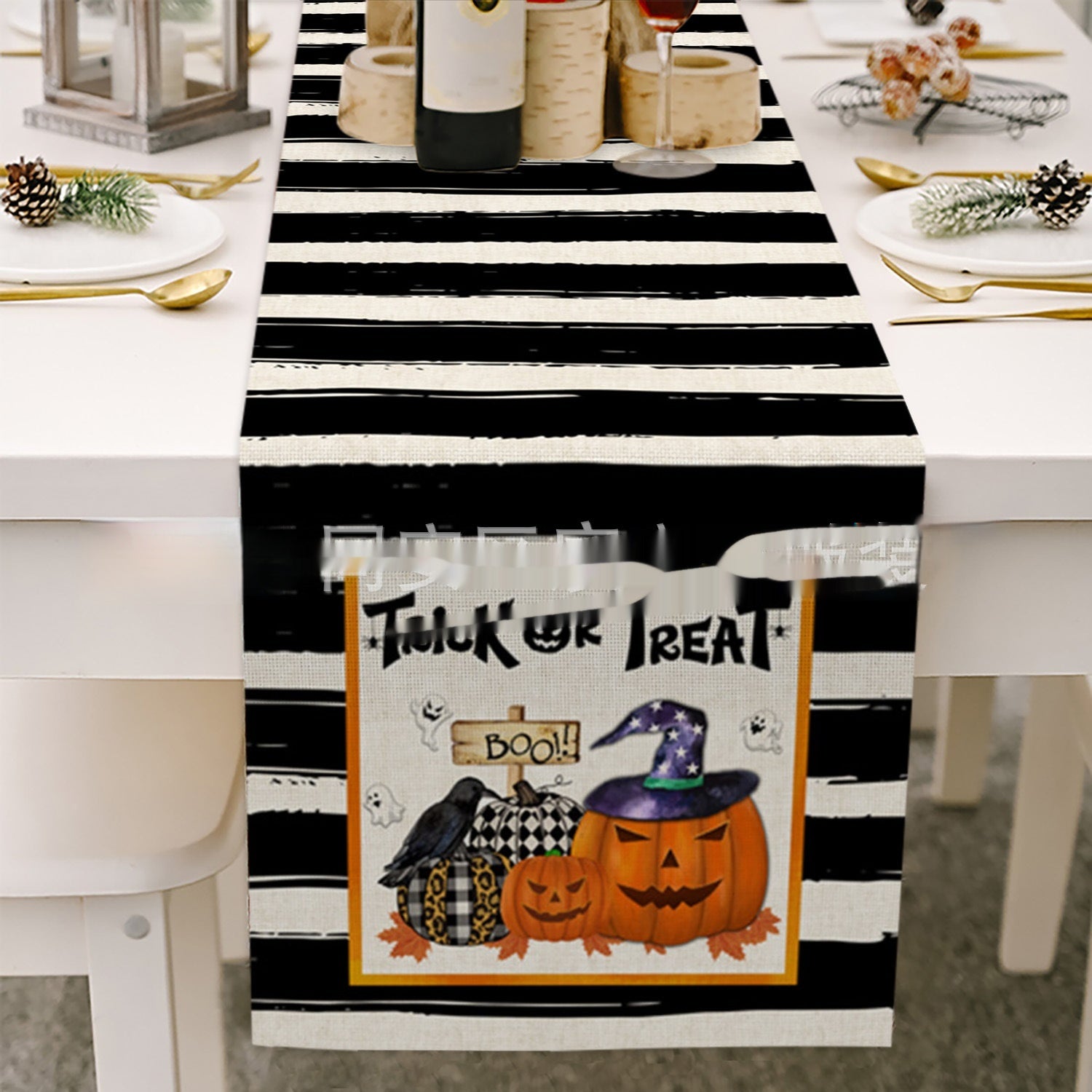 Cross-border Halloween Table Runner Cotton Linen Tablecloth Striped Printed Insulated Pumpkin Castle Decoration, Pumpkin lanterns, Jack o Lanterns, Halloween Lights, Halloween Decoration Ornaments, Halloween inflatables, carved pumpkins, Halloween wreaths, Halloween Candles, and animatronics Halloween.