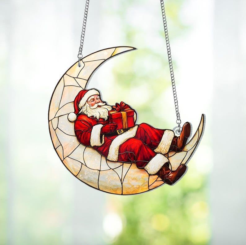 Christmas Ornaments Santa Claus Acrylic Pendant On The Moon