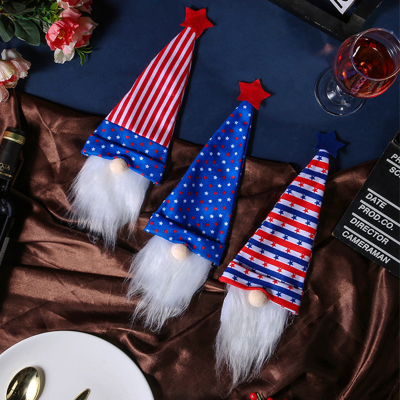 American Independence Day Pointed Hat Pentagram Wine Bottle Set Dwarf Old Man, 4th July gnomes, Independence Day gnomes, Patriotic gnomes, American flag gnomes, Uncle Sam gnomes, Fireworks gnomes, Red, white, and blue gnomes, Bald eagle gnomes, Liberty bell gnomes, Stars and stripes gnomes, Statue of Liberty gnomes, Patriotic decorations, Happy Independence Day gnomes