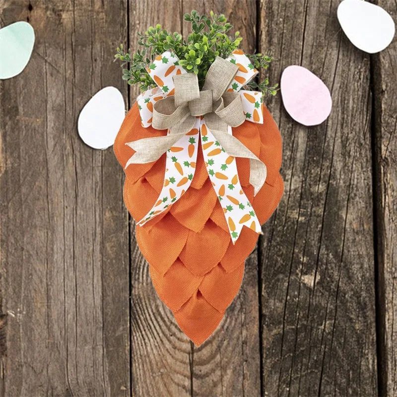 Easter Carrot Wreath Rustic Bow Cloth Wreath Garland With Green Leaves For Front Door Decoration, easter decorations, Easter Decor, easter table decor, outdoor easter decorations, shop easter, Decognomes, Spring Decorations