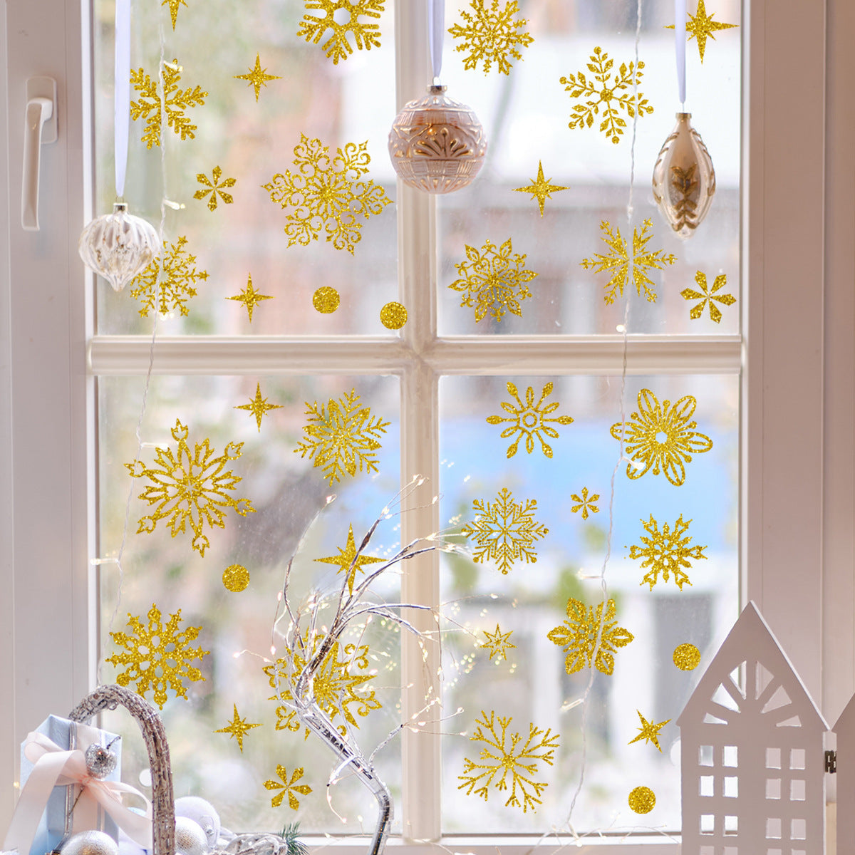 Christmas Wall Stickers Gold Leaf Glitter Snowflake Wall Stickers