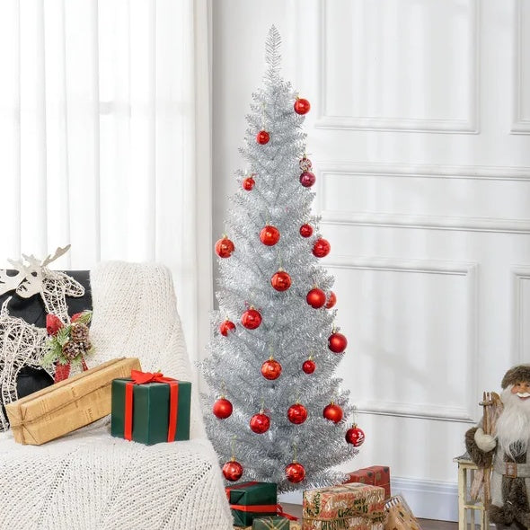 HOMCOM 5' Artificial Pencil Christmas Tree, Slim Xmas Tree With 294 Realistic Branch Tips And Plastic Stand, Silver