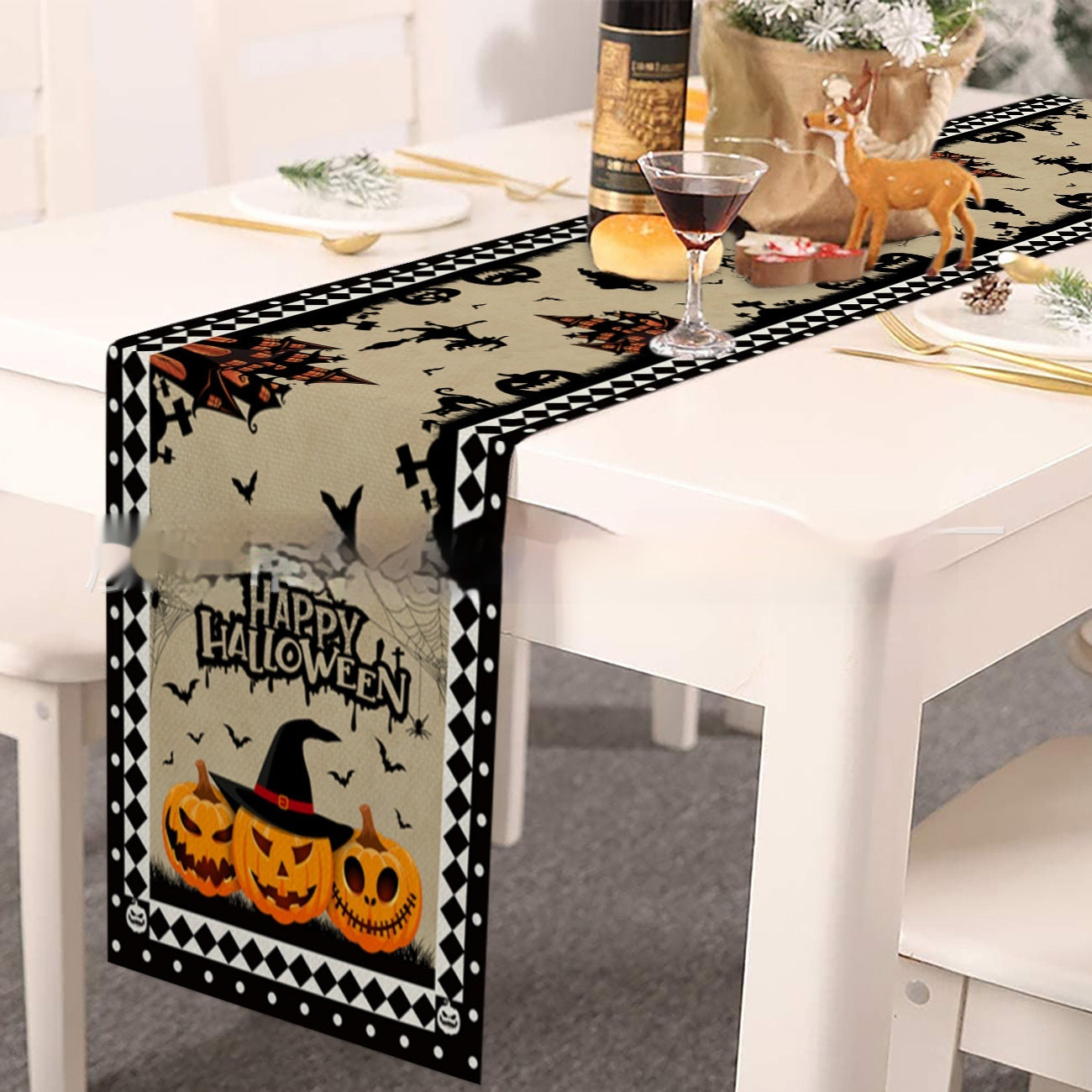 Cross-border Halloween Table Runner Cotton Linen Tablecloth Striped Printed Insulated Pumpkin Castle Decoration, Pumpkin lanterns, Jack o Lanterns, Halloween Lights, Halloween Decoration Ornaments, Halloween inflatables, carved pumpkins, Halloween wreaths, Halloween Candles, and animatronics Halloween.