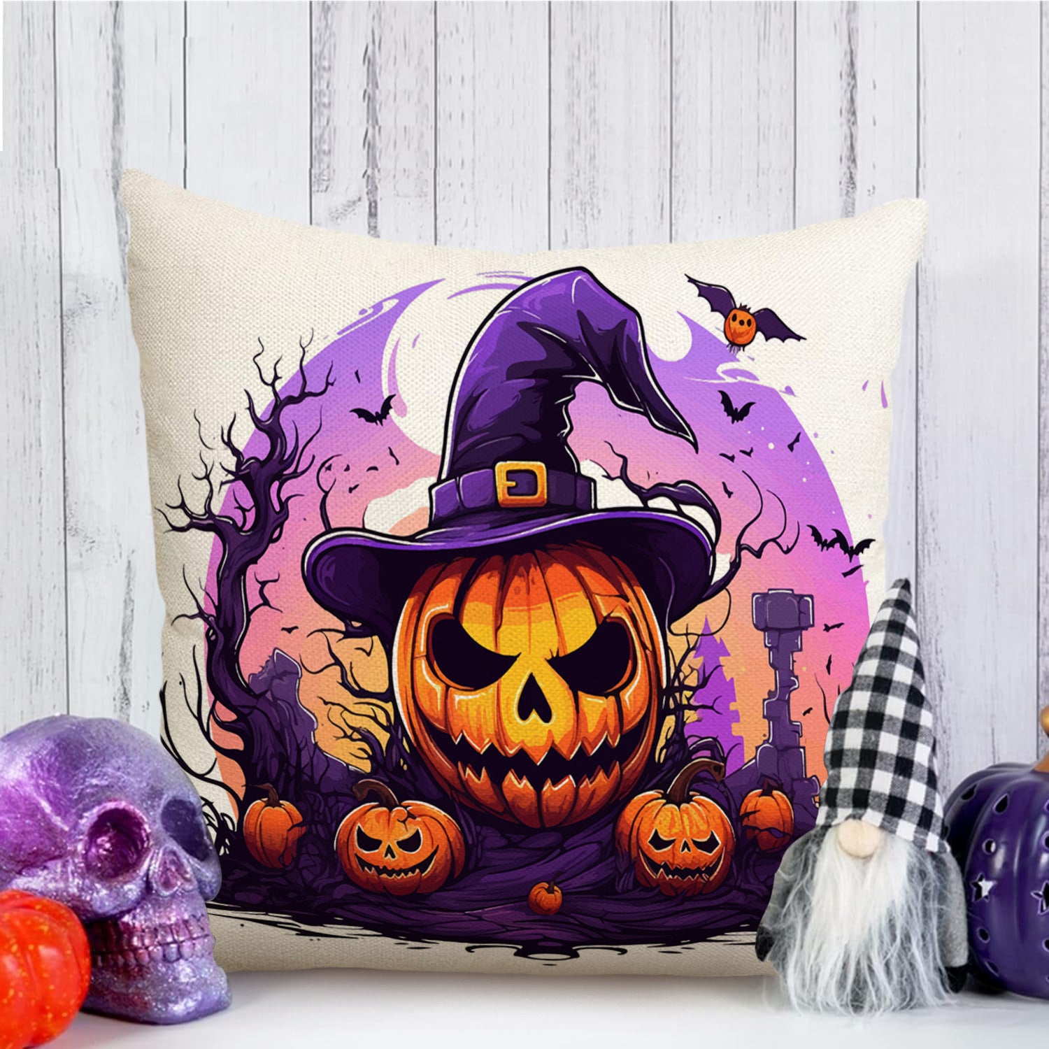 Skull Pumpkin Linen Pillow Cover