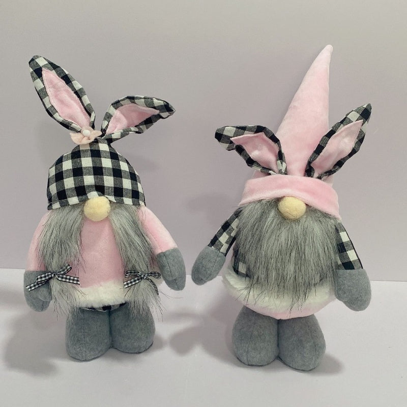 New Easter Rabbit Ear Doll Black And White Plaid Pink Dwarf Doll