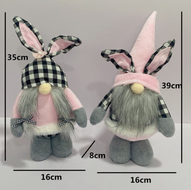 New Easter Rabbit Ear Doll Black And White Plaid Pink Dwarf Doll