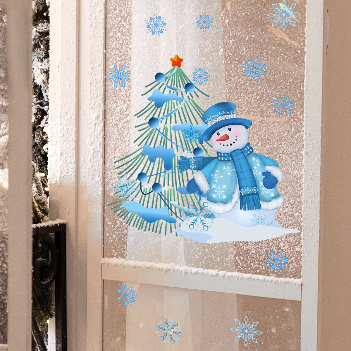 Christmas Double-sided Visible Blue Snowman Christmas Tree Wall Sticker