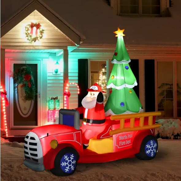 HOMCOM 7.5ft Christmas Inflatable Santa Claus Driving A Fire Truck With Tree, Outdoor Blow-Up Yard Decoration With LED Lights Display, Christmas inflatables, Inflatable Santa Claus, Inflatable snowman, Inflatable reindeer, Inflatable Christmas tree, Inflatable candy canes, Inflatable presents and gifts, Inflatable penguins, Inflatable elves, Inflatable gingerbread men, Inflatable Christmas characters, Inflatable Nativity scene, Inflatable snow globe, Inflatable wreath, Inflatable snowflakes, Inflatable 