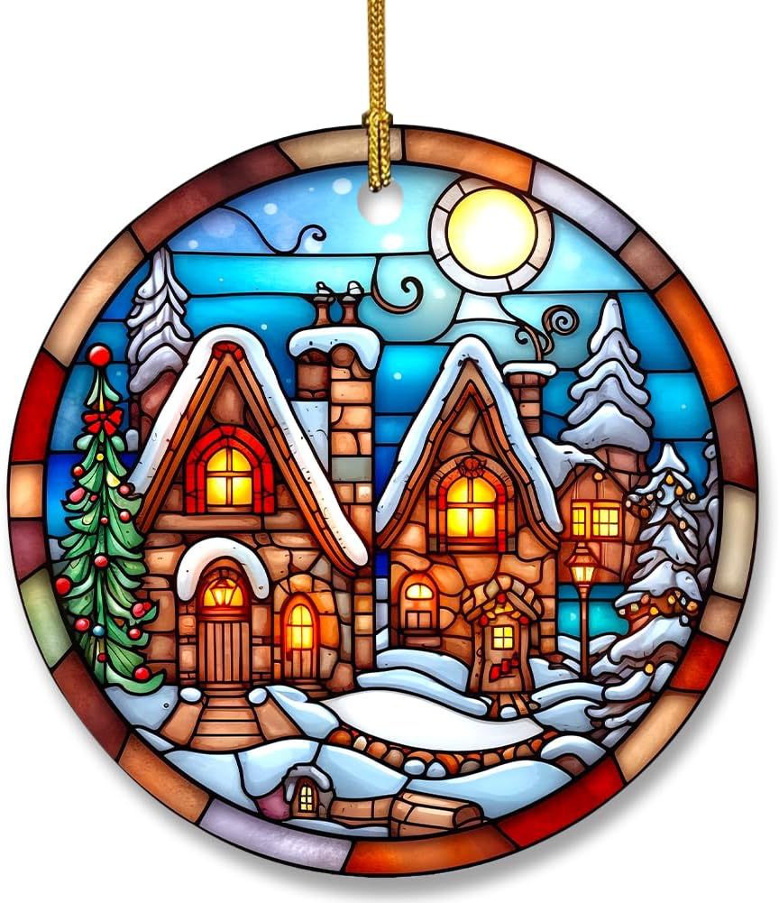 Christmas Stained Glass Window Ornaments Snowman Decorations