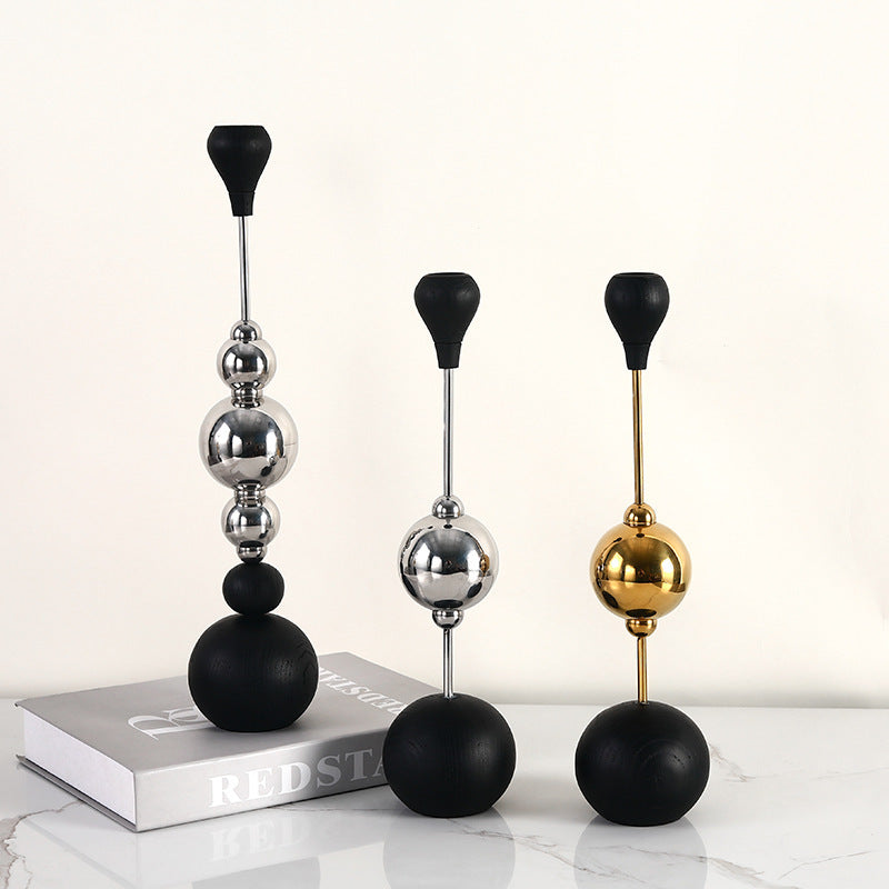 Light Luxury Stainless Steel Candle Table Wooden Ball Metal Candlestick Ornaments