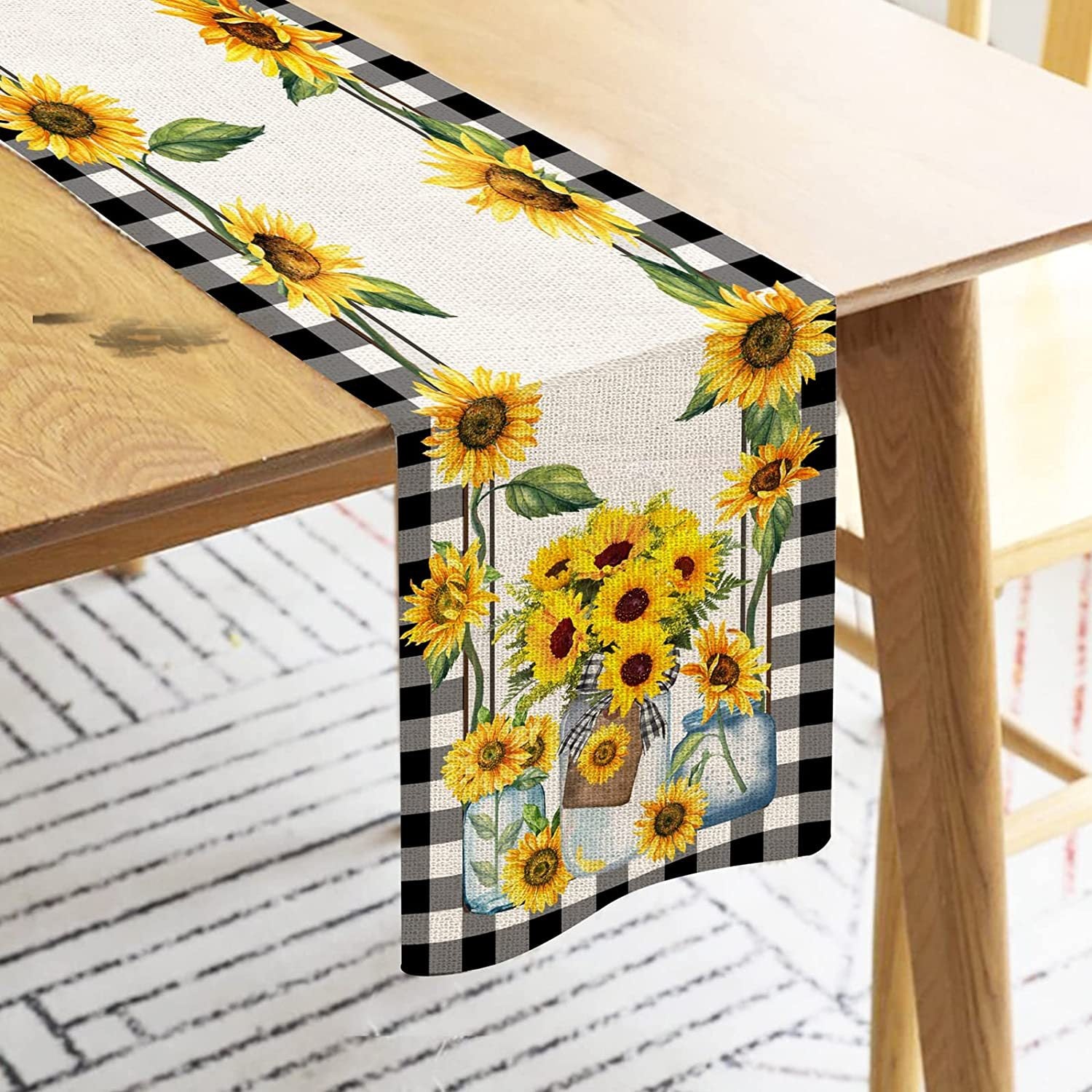 Sunflower Flower Linen Table Runner Decorative Tablecloth, bee gnomes tablecloth, bee gnomes runner up, sunflower gnomes runnerup, 