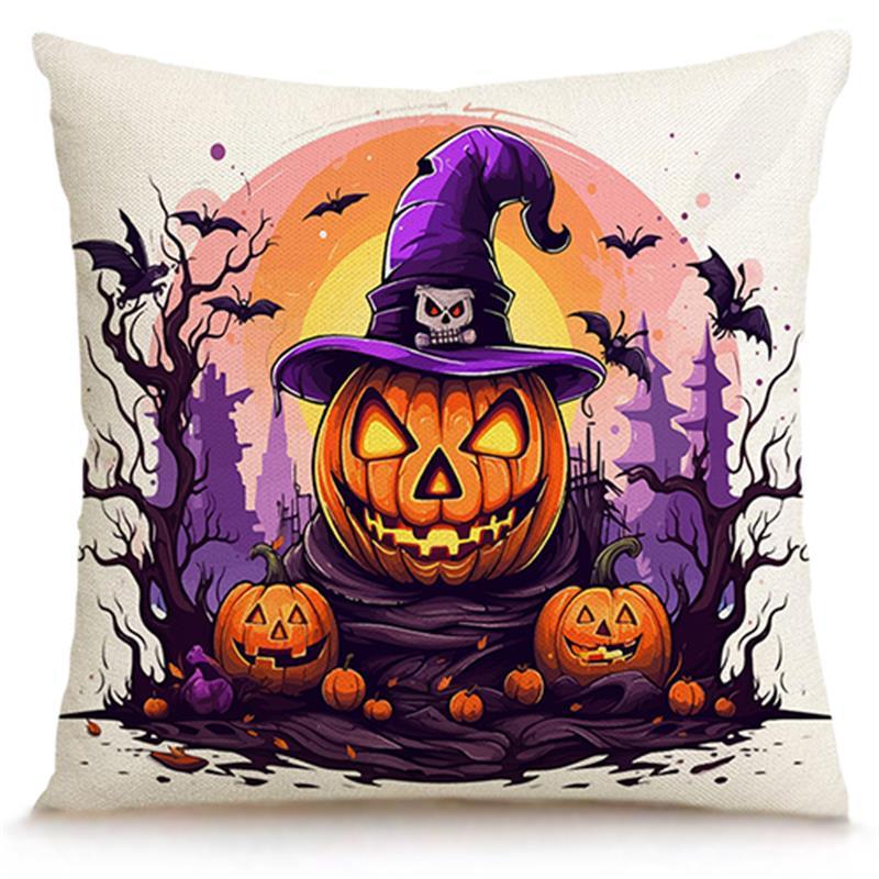 Skull Pumpkin Linen Pillow Cover