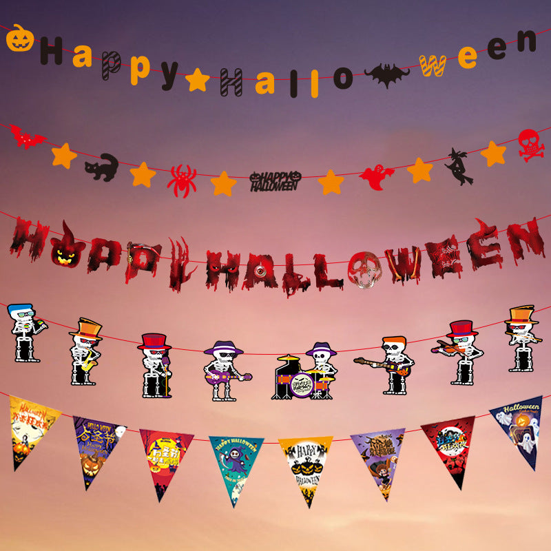 Decoration Halloween Arrangement Party Bar KTV Pull Ghost Festival Bunting Flags, Pumpkin lanterns, Jack o Lanterns, Halloween Lights, Halloween Decoration Ornaments, Halloween inflatables, carved pumpkins, Halloween wreaths, Halloween Candles.