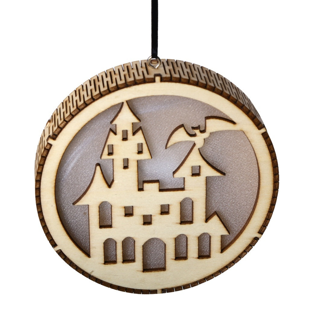 Wooden Halloween Round Computer Laser Hollow Witch Wizard Pumpkin Haunted House Black Cat LED Light Pendant