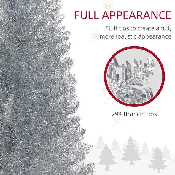 HOMCOM 5' Artificial Pencil Christmas Tree, Slim Xmas Tree With 294 Realistic Branch Tips And Plastic Stand, Silver