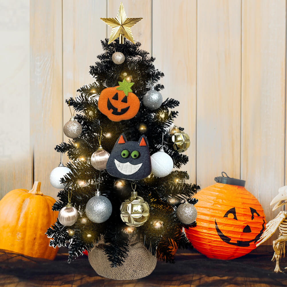 Halloween Tabletop Christmas Tree With Lights And Ornaments, Halloween Decoration, Decorated Christmas Tree, Multifunctional Artificial Black Mini Halloween Tree With Halloween Decor For Home Office Apartment