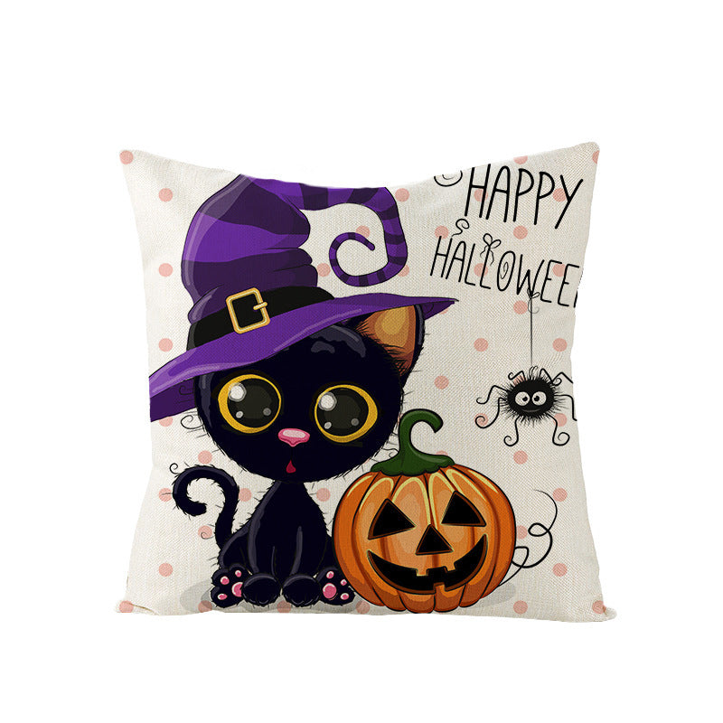 Halloween Linen Cute Cartoon Printed Kitten Pumpkin Head Pillow Cover, Halloween Pillow Cover, Halloween Pillowcase, halloween Printed Kitten Pillow Cover,
