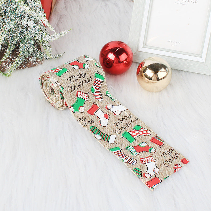 Christmas Ribbon Accessories With Wire Edge Printed Webbing Linen Decorative Belt, Outdoor and Indoor Christmas decorations Items, Christmas ornaments, Christmas tree decorations, salt dough ornaments, Christmas window decorations, cheap Christmas decorations, snowmen, and ornaments.