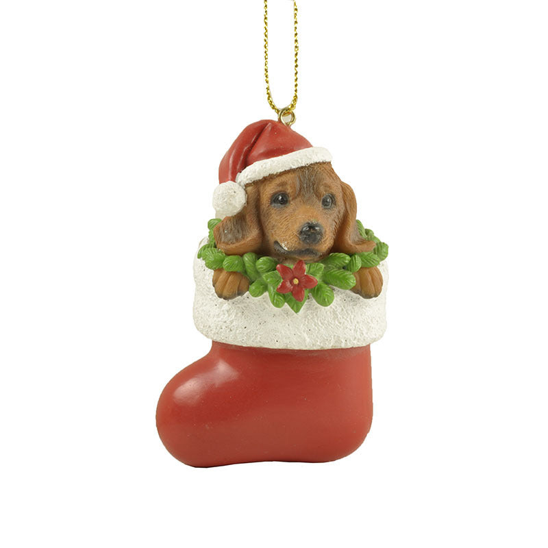 Resin Dachshund In Christmas Stockings Pendant, Outdoor and Indoor Christmas decorations Items, Christmas ornaments, Christmas tree decorations, salt dough ornaments, Christmas window decorations, cheap Christmas decorations, snowmen, and ornaments.