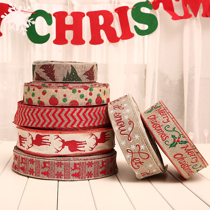 Christmas Linen Color Printing Ribbon Diy Decoration, Ribbon, Christmas Ribbion, Christmas Wrapping, Christmas Tie Bow, Christmas Decoration, Christmas Gift Wrapping 