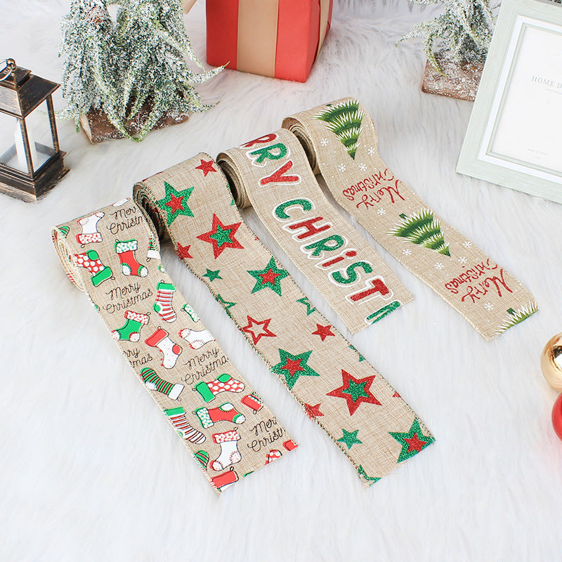 Christmas Ribbon Accessories With Wire Edge Printed Webbing Linen Decorative Belt, Outdoor and Indoor Christmas decorations Items, Christmas ornaments, Christmas tree decorations, salt dough ornaments, Christmas window decorations, cheap Christmas decorations, snowmen, and ornaments.
