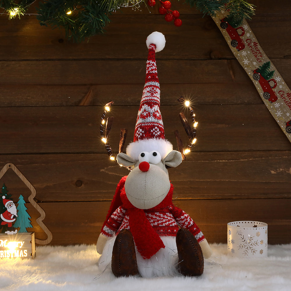 Christmas Doll Antler Luminous Hat Sitting Ornaments, Outdoor and Indoor Christmas decorations Items, Christmas ornaments, Christmas tree decorations, salt dough ornaments, Christmas window decorations, cheap Christmas decorations, snowmen, and ornaments.