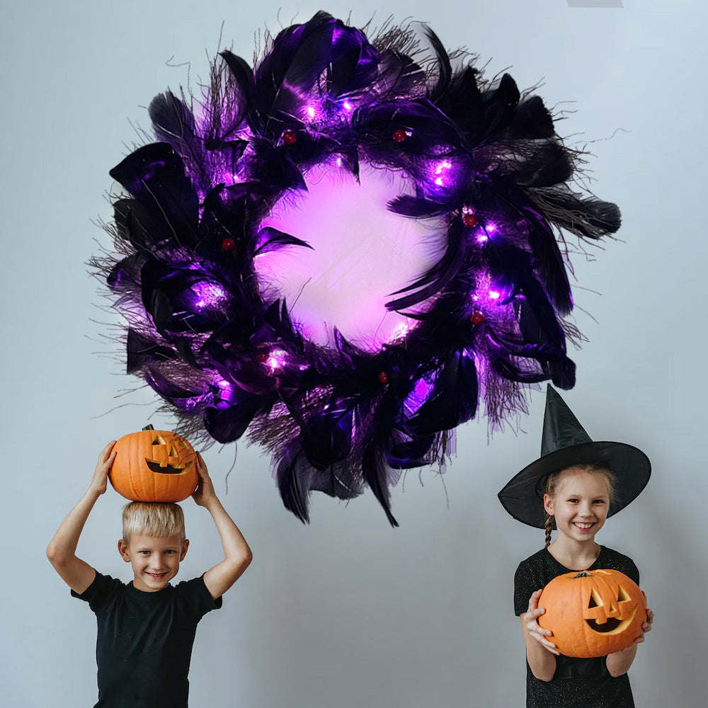 Halloween Black Feather Wreath-with Lights, Pumpkin lanterns, Jack o Lanterns, Halloween Lights, Halloween Decoration Ornaments, Halloween inflatables, carved pumpkins, Halloween wreaths, Halloween Candles.