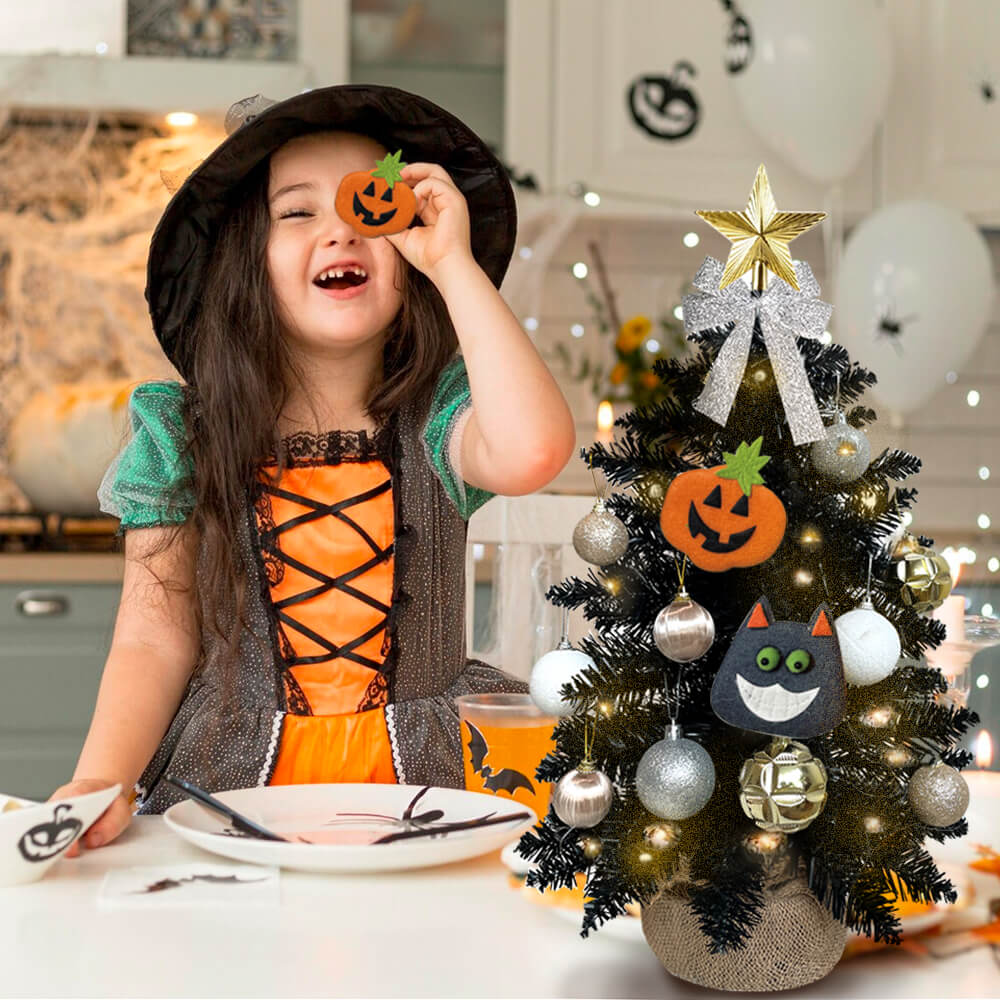 Halloween Tabletop Christmas Tree With Lights And Ornaments, Halloween Decoration, Decorated Christmas Tree, Multifunctional Artificial Black Mini Halloween Tree With Halloween Decor For Home Office Apartment