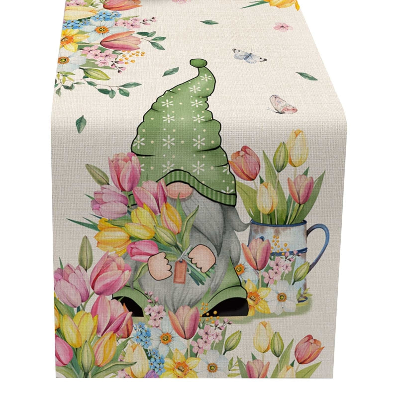 decognomes, Bee Festival Cotton Linen Long Tablecloth, Bee Gnomes tablecloth, Bee Gnomes Table Runner up, Bee Gnomes Printed Tablecloth