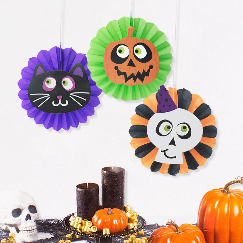 Halloween Decorative Cartoon Skull Pumpkin Colorful Paper Fan Set, Halloween Paper Decoration, Halloween Decorative  Paper Crafts, Halloween Skull Pumpkin Cartoon Handmade Paper Carfts