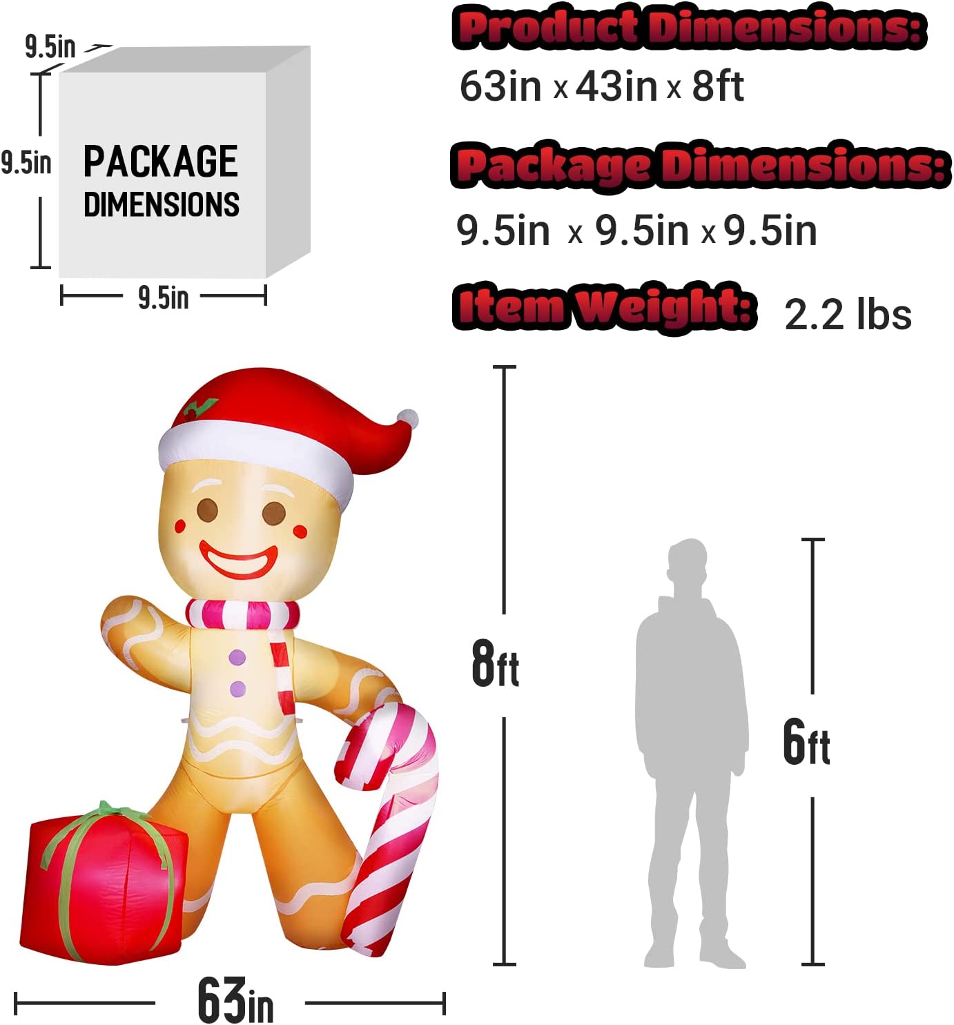 8FT Christmas Inflatable Decorations Gingerbread Man With Santa Hat Blow Up LED Lights, Christmas Inflatable, Christmas Inflatable Decoration, Holiday Season Inflatable, Christmas inflatables, Christmas inflatables on Sale, Christmas inflatables 2022, Christmas inflatables lowes, Christmas inflatables wholesale