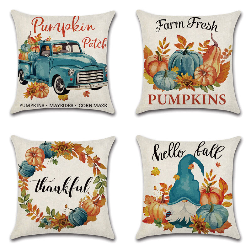 Pillowcase Linen Pumpkin Cartoon Car Thanksgiving Wreath, Thanksgiving pillowcases, fall pillowcases, pumpkin pillowcases
