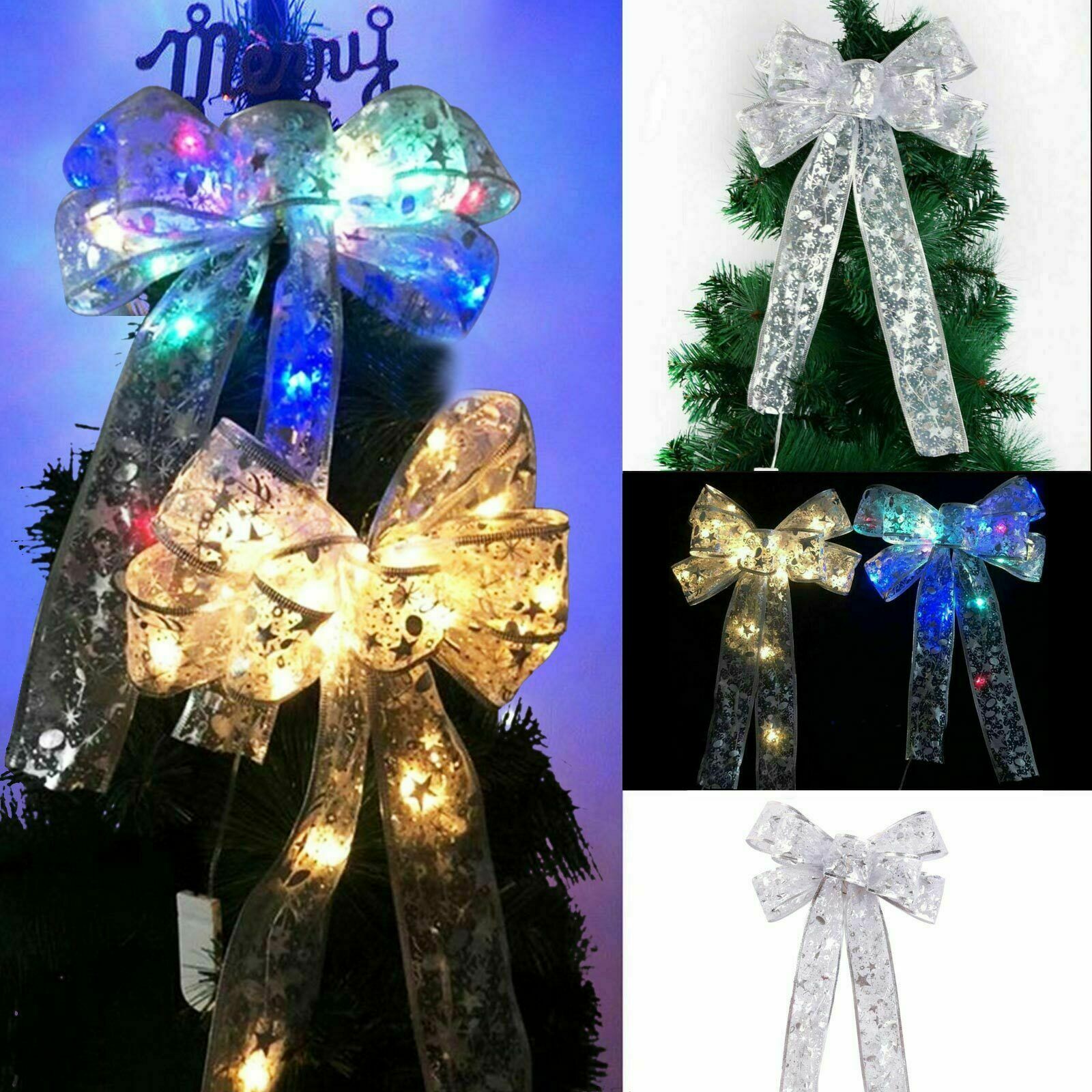LED Christmas Tree Top Topper Ribbon Bow, Outdoor and Indoor Christmas decorations Items, Christmas ornaments, Christmas tree decorations, salt dough ornaments, Christmas window decorations, cheap Christmas decorations, snowmen, and ornaments.