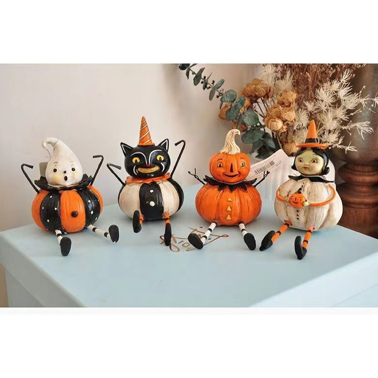New Retro Painted Black Cat Pumpkin Imp Ornament, Halloween Decoration, Halloween Ornaments, Halloween Black Cat Pumpkin, Halloween Decoration Ornaments