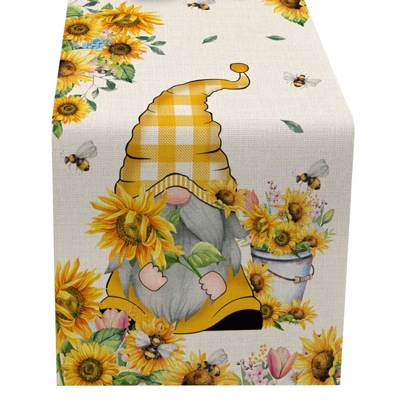 decognomes, Bee Festival Cotton Linen Long Tablecloth, Bee Gnomes tablecloth, Bee Gnomes Table Runner up, Bee Gnomes Printed Tablecloth