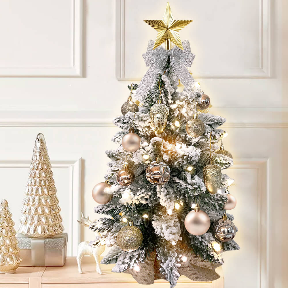 2ft Mini Christmas Tree With Light Artificial Small Tabletop Christmas Decoration With Flocked Snow, Exquisite Decor & Xmas Ornaments For Table Top For Home & Office, Christmas Tree, Mini Christmas Tree, 2ft Christmas Tree, Christmas Tree Decoration Ornaments