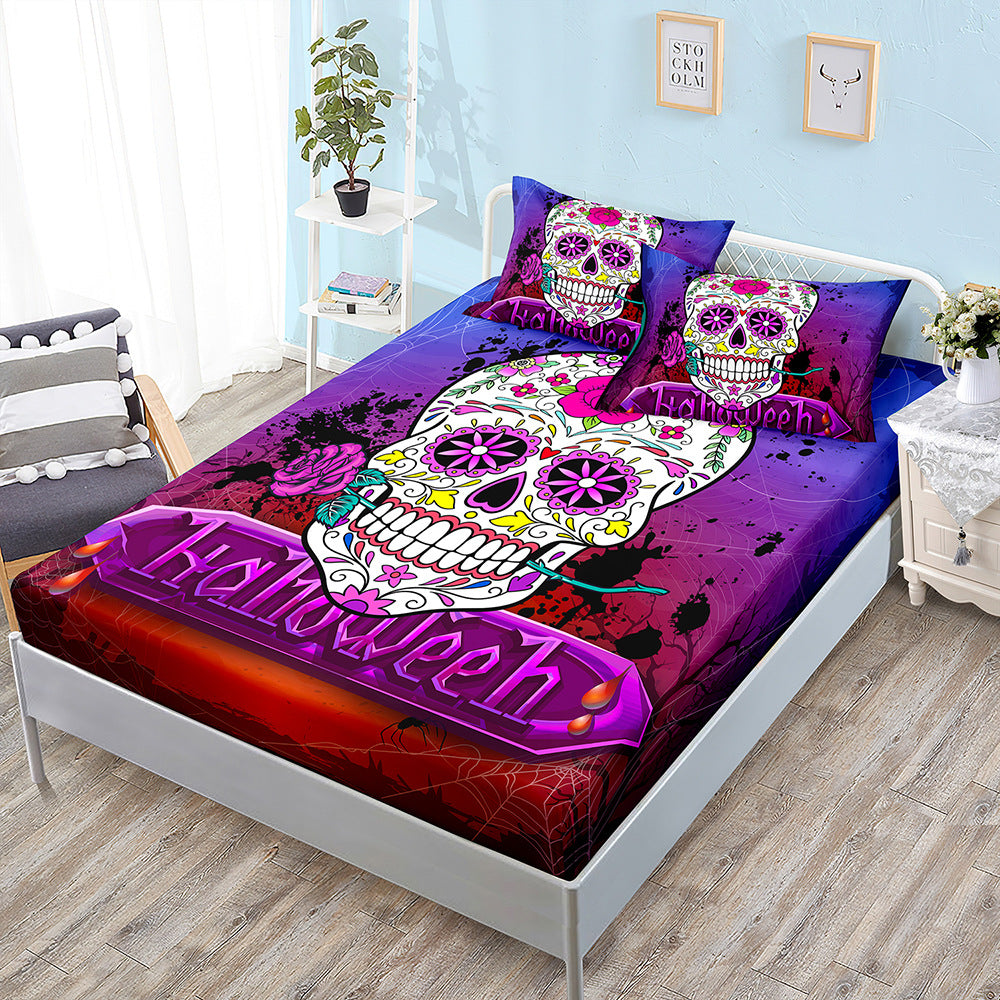 Halloween Skull Three-Piece Fitted Bedding, Skull Bedsheets, Halloween Bedsheets, Halloween decoration 