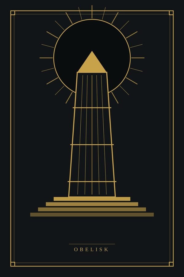 Obelisk — A fluted obelisk against a rayed disc