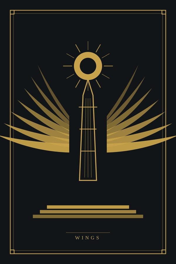 Wings — A winged emblem with a central spire