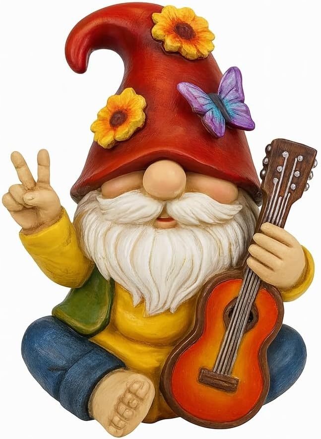 Rock & Peace Guitar Playing Garden Gnome Resin Statue